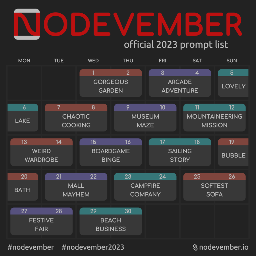 Nodevember 2023 prompt list: days 1-2, Gorgeous Garden; 3-4, Arcade Adventure; 5-6, Lovely Lake; 7-8, Chaotic Cooking; 9-10, Museum Maze; 11-12, Mountaineering Mission; 13-14, Weird Wardrobe; 15-16, Boardgame Binge; 17-18, Sailing Story; 19-20, Bubble Bath; 21-22, Mall Mayhem; 23-24, Campfire Company; 25-26, Softest Sofa; 27-28, Festive Fair; 29-30, Beach Business.